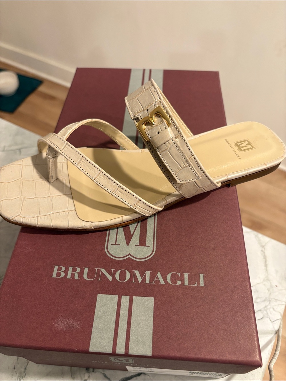 Bruno Magli Noela Bone Croc-Embossed Buckle Slide Sandals